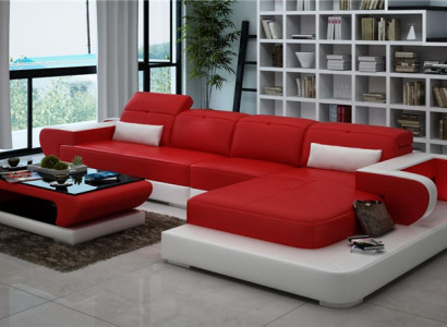 Ecksofa Sofagarnitur Leder Sofa Ecke Polster Hocker Set Rote Designer Couch Neu